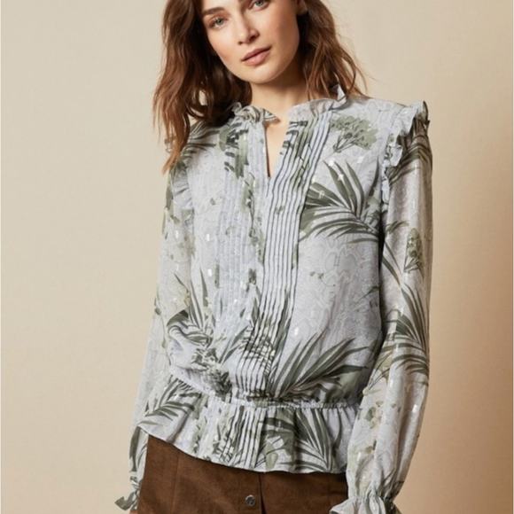 TED BAKER Tibbine Highland Frill Blouse Green Plant Leaf Print Gray {WW22} - Picture 1 of 7